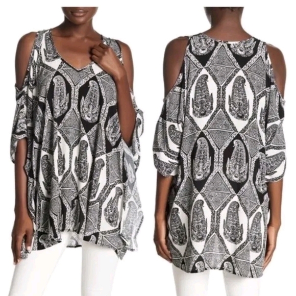 Show Me Your Mumu Black/White Peta-Boo Tunic Dress Sz M Cold Shoulder Gauze - Picture 1 of 12